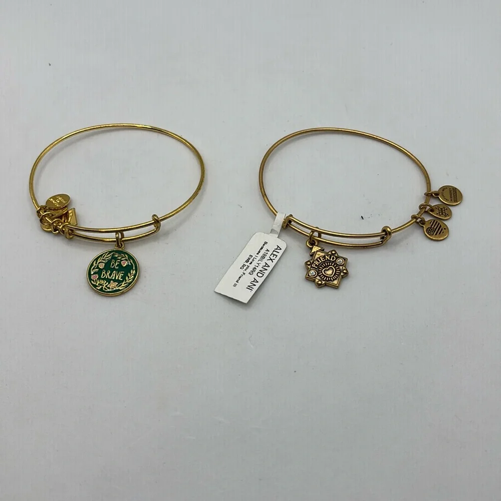Alex and Ani gold charm bangle bracelet stretch Friend and Be Brave charms